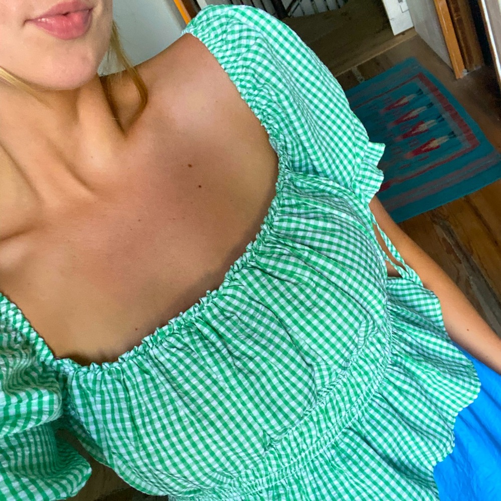 H&M💚Gingham Puff Sleeve Crop Top